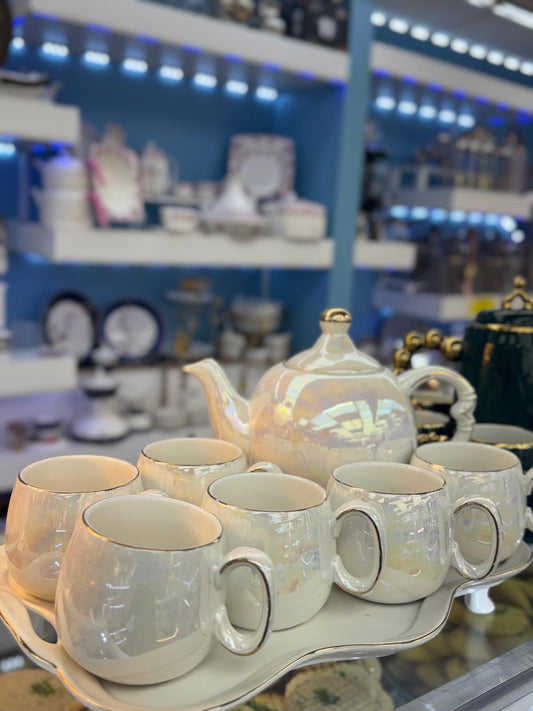 Pearl Iridescent Porcelain Tea Set – Teapot & Cup Set with Serving Tray