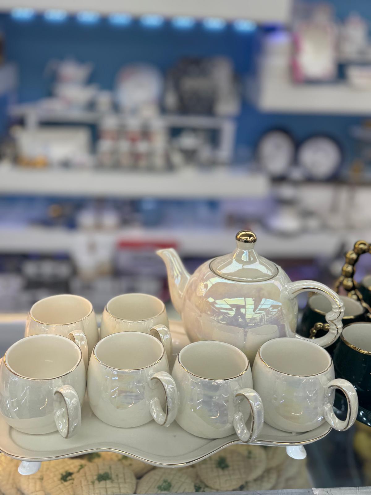 Pearl Iridescent Porcelain Tea Set – Teapot & Cup Set with Serving Tray