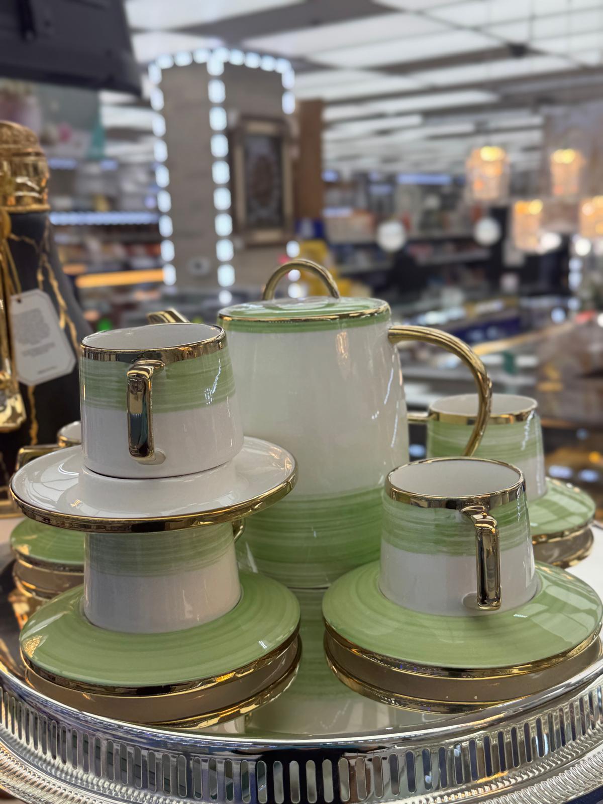 Pistachio Green Gold Trim Tea Set – Porcelain Teapot & Cup Set with Saucers