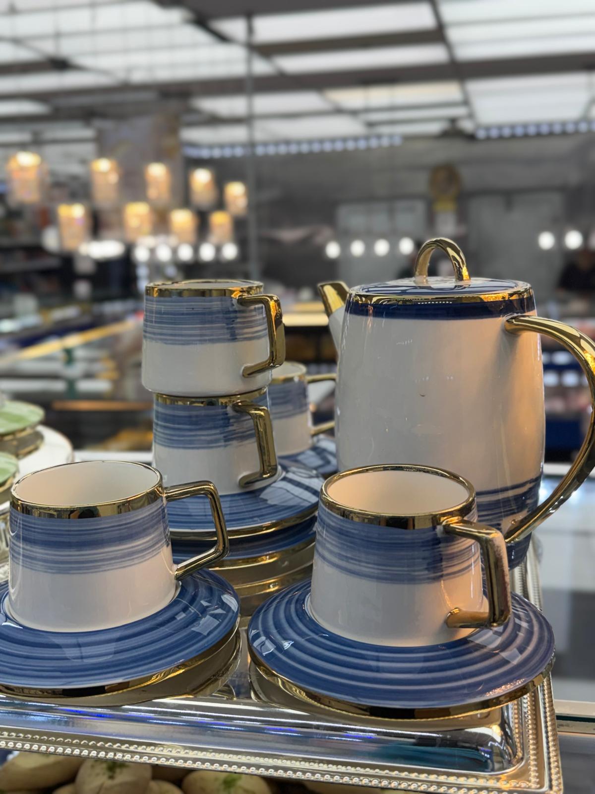 Royal Blue Gold Trim Tea Set – Porcelain Teapot & Cup Set with Saucers