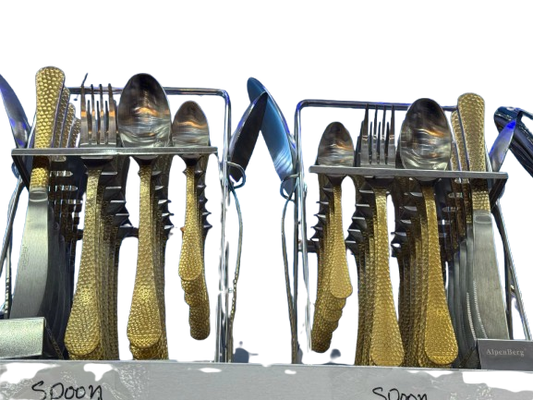 AlpenBerg 24-Piece Gold Flatware Set with Stand – Hammered Design