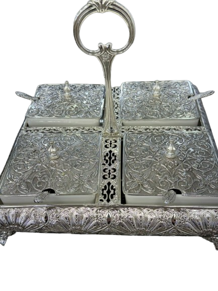 Silver 4-Compartment Spice & Condiment Set – Ornate Floral Design