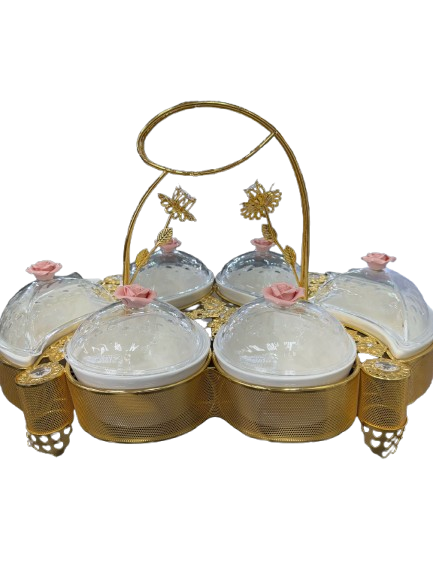 Luxury 6-Piece Dry Fruit & Snack Serving Set – Gold with Dome Lids